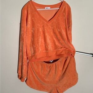 Beyond Yoga Orange Ribbed Waistband Lounge Top and Shorts Set